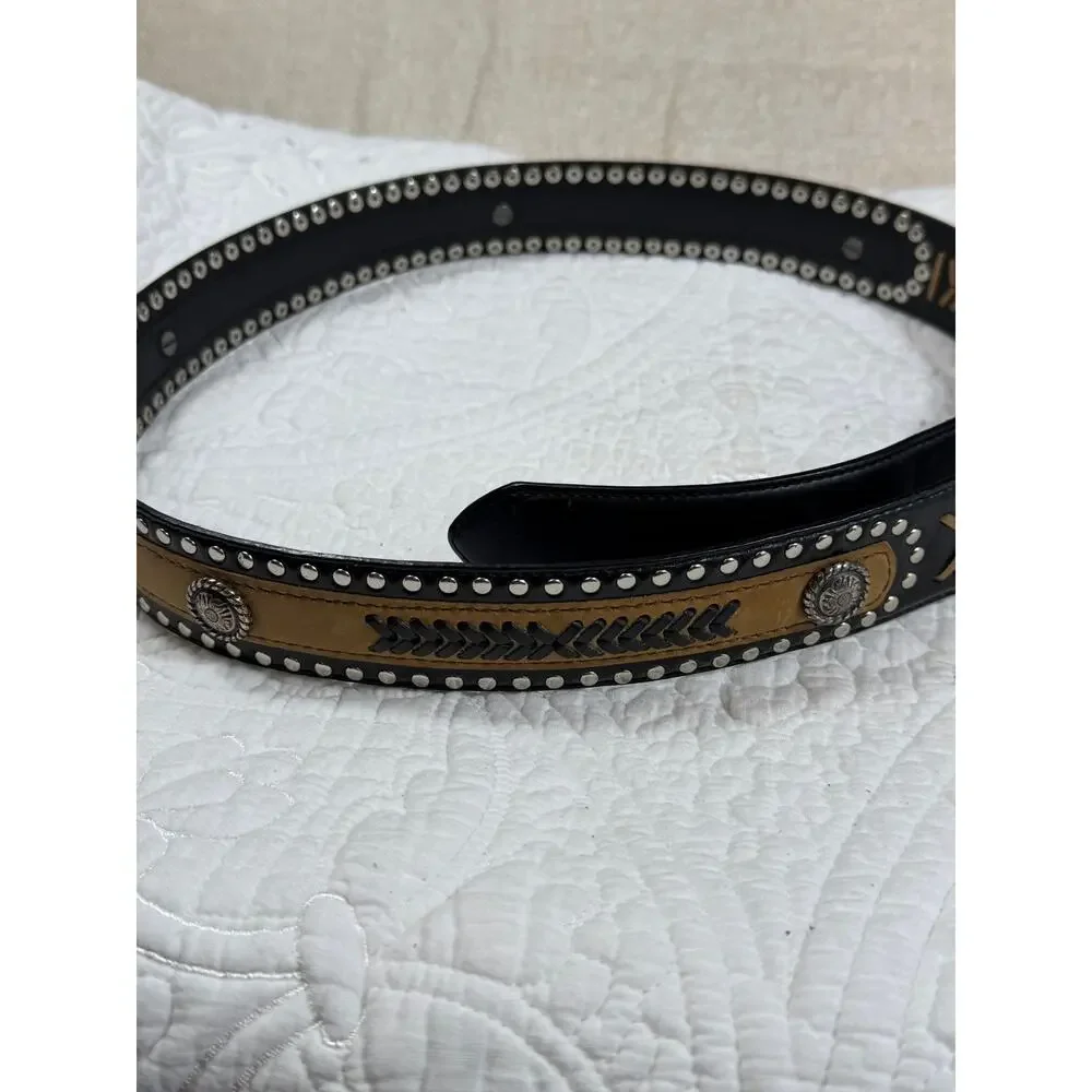 Brown Black Men Leather Western Belt Silver Conchos Studded Cowboy Rodeo Style